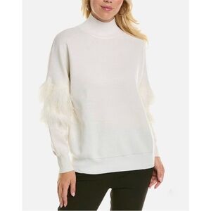 UNGARO wool ostrich feather cream mock neck sweater NWT